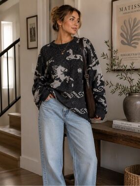 Vintage jacquard Pegasus sweater, bold/90s /maximalist/ cozy unisex (XL)